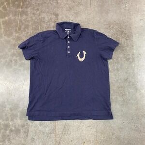 True Religion Men's Polo Shirt Navy Collared Horseshoe Logo Size XXXL‎